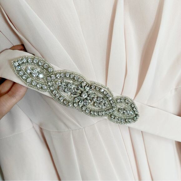 JENNY PACKHAM V-neck Cross Back Crystal Belt Blush Gown - Picture 7 of 14